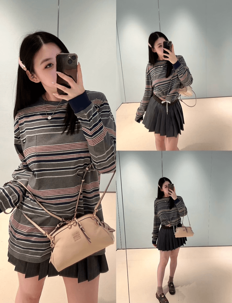 미우미우 그레이 멀티컬러 스트라이프 포켓 긴팔 티셔츠 11