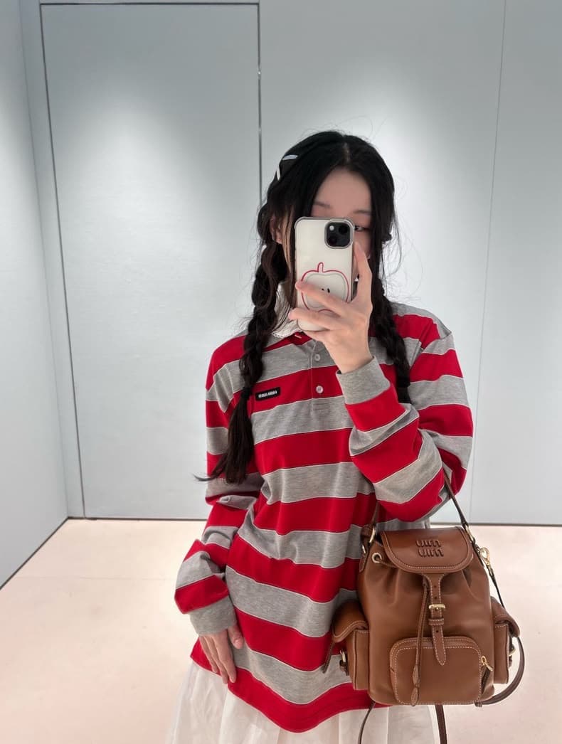 미우미우 레드 그레이 배색 스트라이프 폴로 긴팔 11