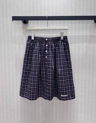 미우미우 복고 브라운 체크 밴딩 미디 스커트