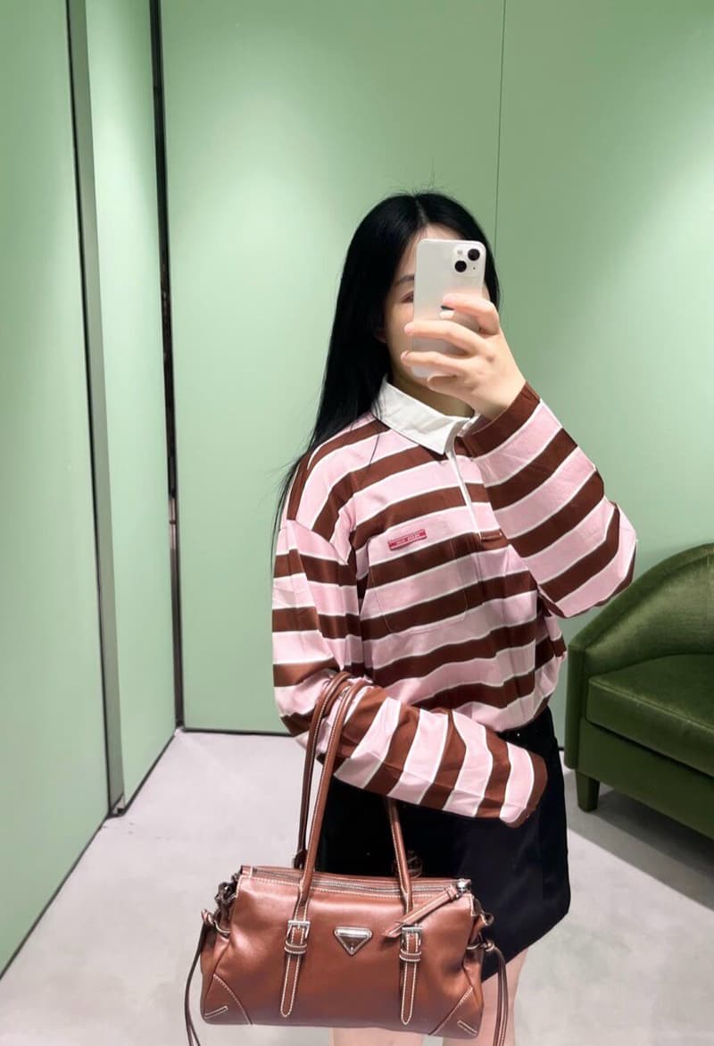 프라다 핑크 브라운 스트라이프 드로스트링 크롭 폴로 긴팔 상세 2