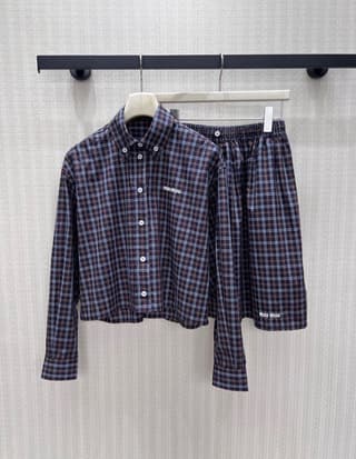 미우미우 복고 브라운 블루 체크 크롭 셔츠