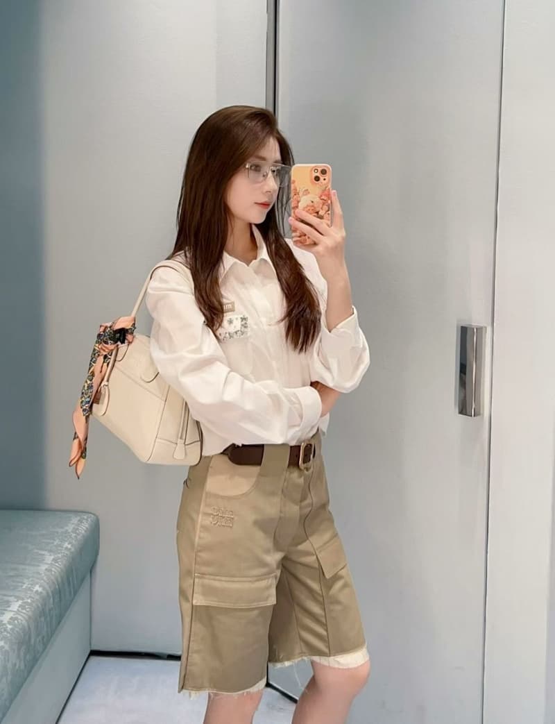 미우미우 워터드릴 더블포켓 크롭 린넨코튼 셔츠 8