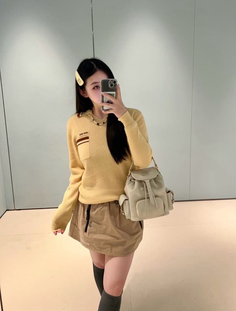 미우미우 옐로우 배색 폴로 카라 캐시미어 니트 8