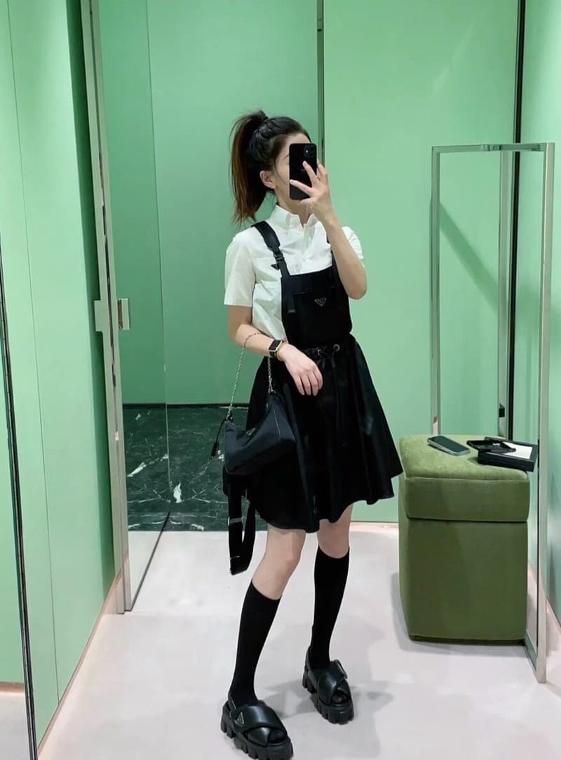 프라다 나일론 드로스트링 배지 원피스 (블랙) 7
