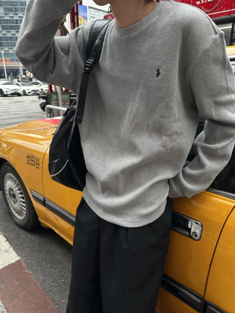 폴로 랄프로렌 포니 자수 와플 긴팔 티셔츠 (그레이) 상세 1