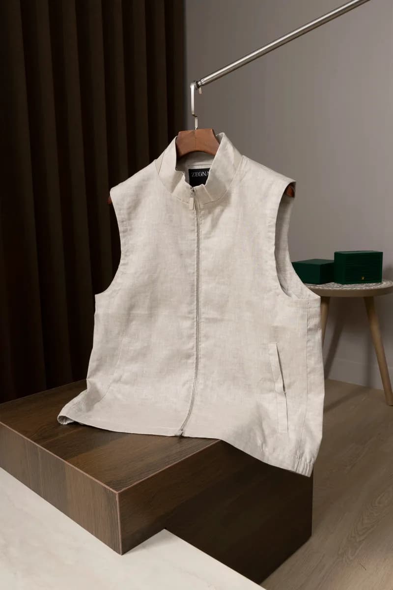 제냐 리넨 스탠드칼라 베스트 (레더 디테일) 11