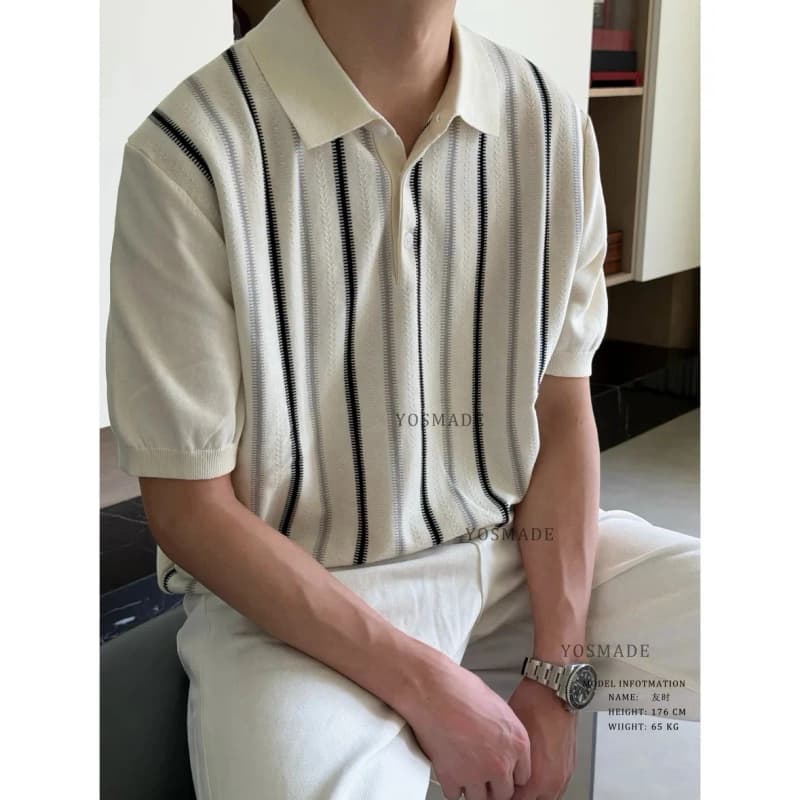 브루넬로 쿠치넬리 올드머니 스트라이프 배색 니트 폴로 반팔 3