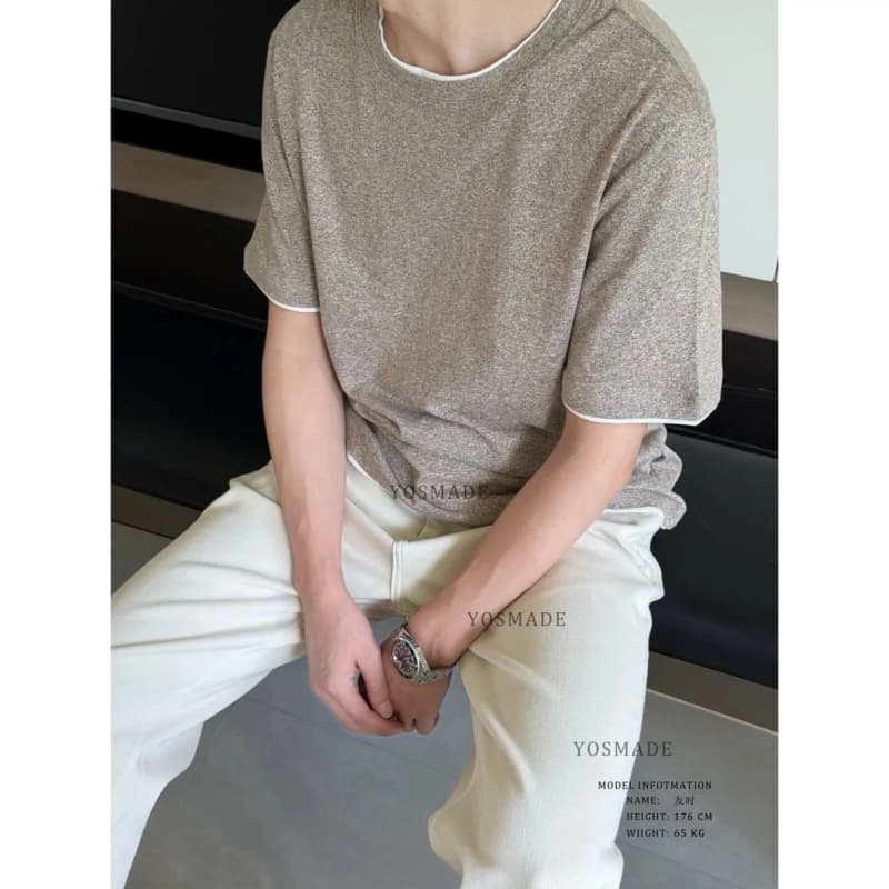 브루넬로 쿠치넬리 코튼 린넨 혼방 페이크 투피스 반팔 티셔츠 상세 1