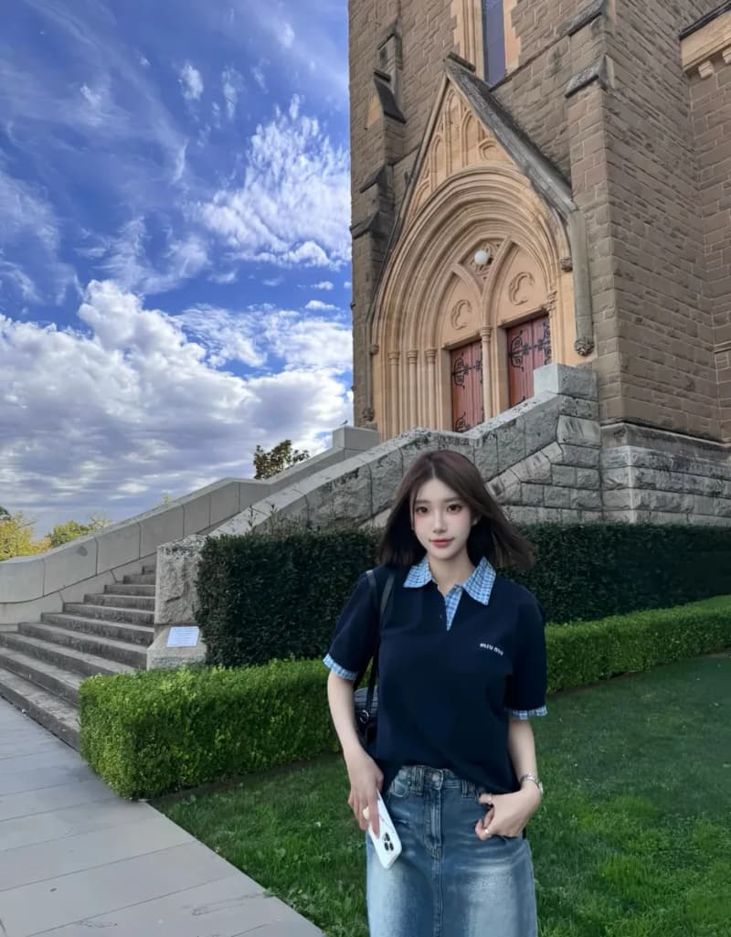 미우미우 스타일 체크 카라 반팔 피케 셔츠 (네이비) 8