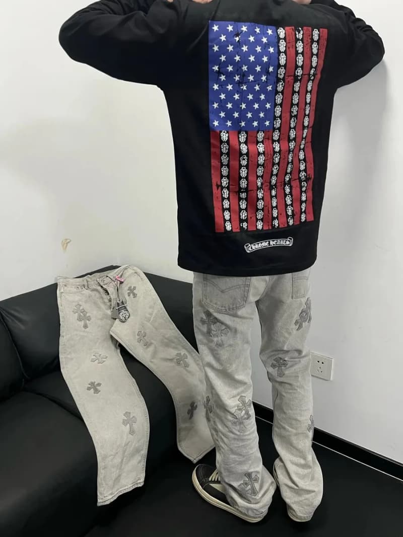 크롬하츠 크로스 패치 워시드 데님 팬츠 (그레이) 상세 2