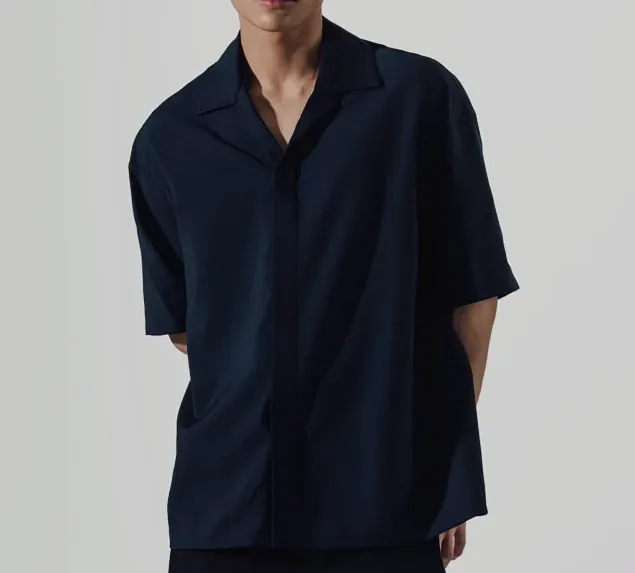 로에베 울 오픈카라 반팔 셔츠 (그레이/네이비) 11