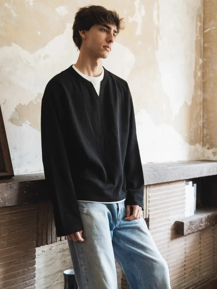 올드매너 BV 블랙/그레이 워플 페이크 레이어드 헨리넥 티셔츠 7