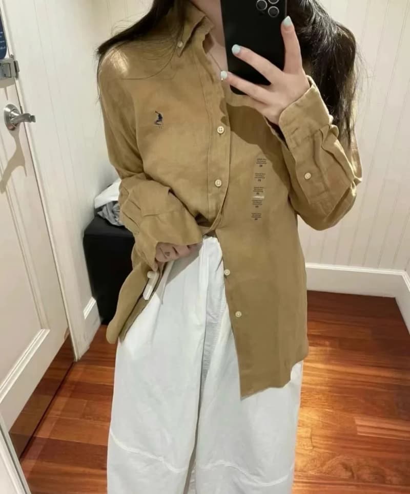 폴로 랄프로렌 포니 자수 카키 리넨 셔츠 상세 1