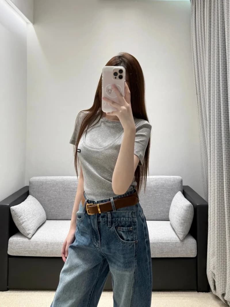 미우미우 레이어드 반팔 티셔츠 (멜란지 그레이)/mm스튜디오 4