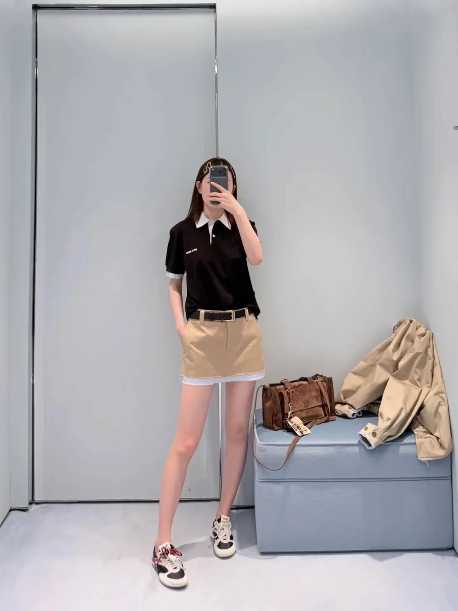 미우미우 카키 스트라이프 배색 미니 스커트/mm스튜디오 4