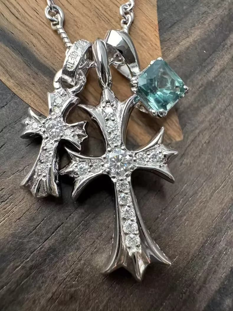 크롬하츠 타이니 CH 크로스 × 베이비 팻 CH 크로스 × 스퀘어 스톤 참 목걸이 세트 (블루)/YL 상세 1